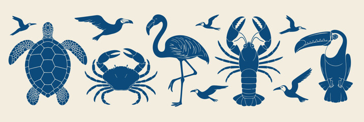 Naklejka premium Tropical marine animal silhouette set featuring bold blue silhouettes of crab, turtle, flamingo, toucan, lobster, starfish, and birds, crafted as a cohesive vector 