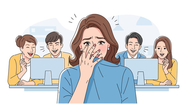 Woman Crying in Office Surrounded by Mocking Colleagues.