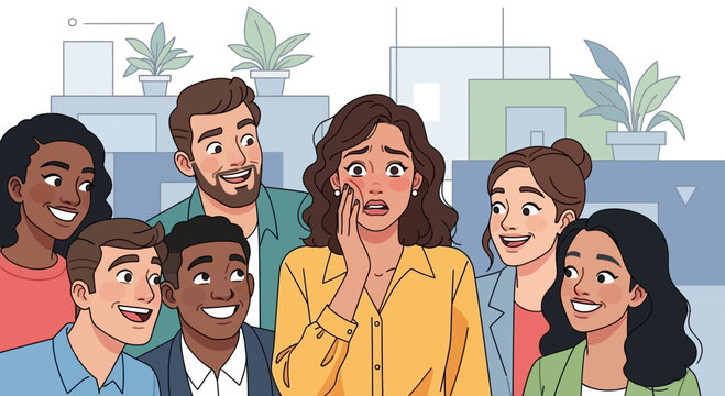 Woman feeling anxious surrounded by smiling people.