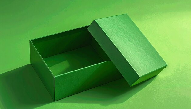 A green cardboard box with its lid partially open sits on a green surface.
