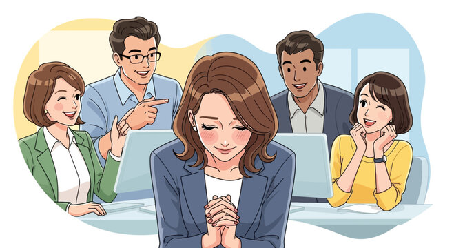 Woman feeling shy and embarrassed in front of colleagues.