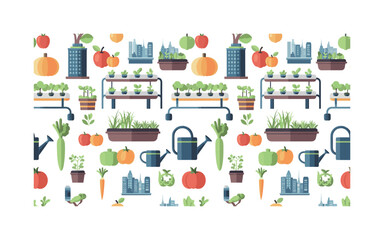 Fototapeta premium sustainable city patterns seamless pattern, repeating pattern, surface design, textile print, modern illustration of vegetables, fruits, rooftop gardens,