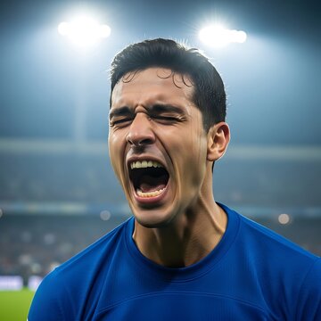 A close up portrait of a male athlete screaming with intense emotion on a field