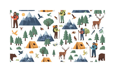 Fototapeta premium nature tourism patterns seamless pattern, repeating pattern, surface design, textile print, modern illustration of travelers, eco-friendly tents, mountains,