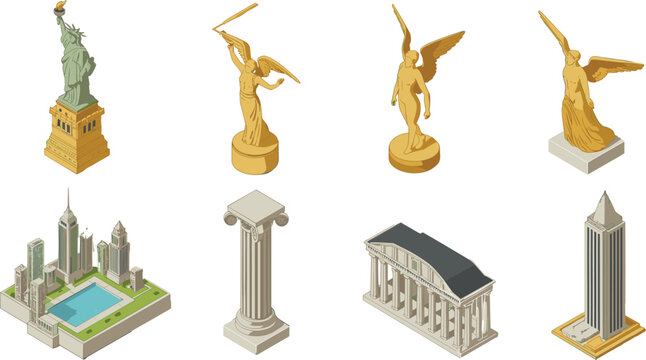 Isometric famous landmarks set, Statue of Liberty, angel statues, skyscrapers, classical architecture, cityscape elements, historical monuments, 3D illustration collection
