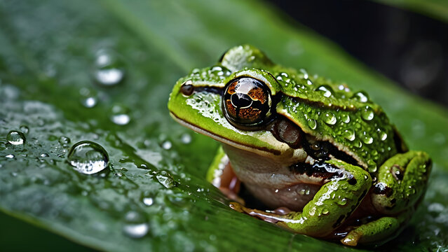 Frog sitting on wet leaf after rain water droplets visible macro