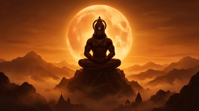 Peaceful monkey god hanuman meditating on a high misty mountain peak under a giant glowing moon for hanuman jayanti hanuman chalisa and hanuman puja prayers