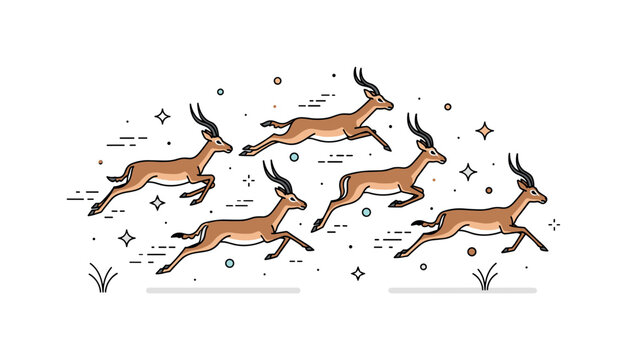 Impalas running herd scene where several impalas leap across the savanna while small sparkle and line icons emphasize speed, grace, and group coordination. The