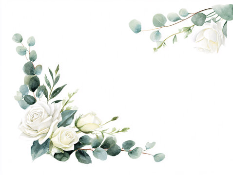Watercolor corner frame made of white roses and eucalyptus twigs