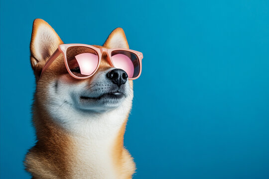 portrait of a Shiba Inu dog wearing summer sunglasses