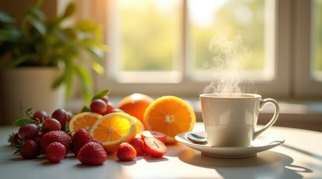 Una escena de desayuno serena con una vibrante variedad de fruta fresca que incluye naranjas en rodajas, uvas y fresas