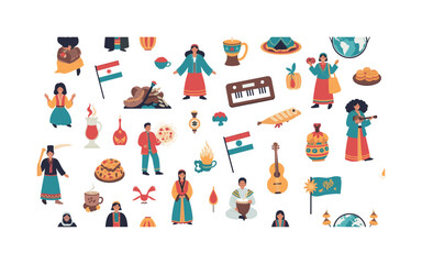 Fototapeta premium global motifs seamless pattern, repeating pattern, surface design, textile print, modern illustration of festivals, ethnic clothing, musical instruments,
