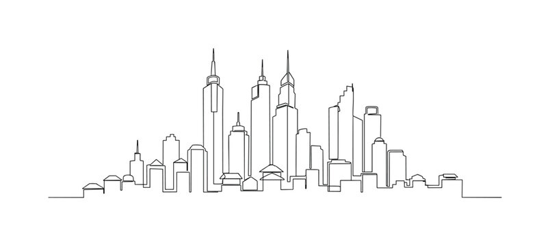 City Towers. Minimalistic one-line drawing tall buildings with different roof shapes forming skyline, continuous single black line on white background, simple