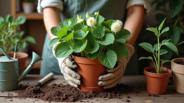 Manos trasplantando una planta sobre una mesa de madera, jardiner&iacute;a en casa, texturas naturales