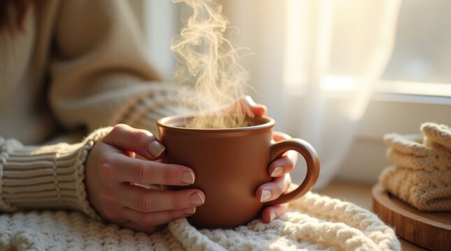 Manos con dedos delicados y palmas suaves rodeando una taza de barro caliente