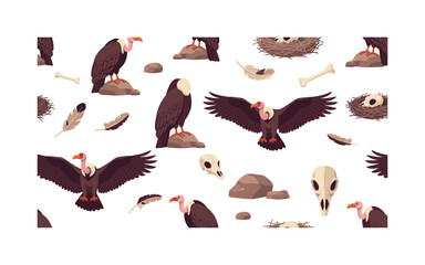 carrion bird patterns seamless pattern, repeating pattern, surface design, textile print, modern illustration of perched and flying vultures, desert rocks,