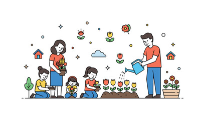 Fototapeta premium Spring flowers backyard garden scene where kids and adults plant or water seasonal flowers while small sparkle and line icons emphasize care, growth, and