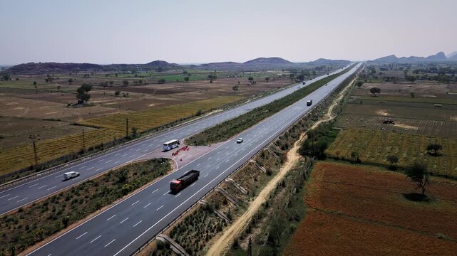 Aerial view of the Delhi&ndash;Mumbai Expressway, showcasing a modern multi-lane highway cutting through the landscape. The image highlights India&rsquo;s advanced infrastructure, smooth road network.
