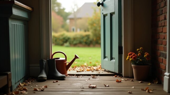 Puerta trasera de una casa de campo con botas embarradas, guantes de jardiner&iacute;a y una regadera