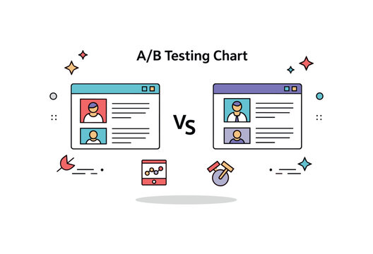 A/B testing chart e-commerce performance concept where two product page designs are compared while small sparkle and line icons emphasize conversion,