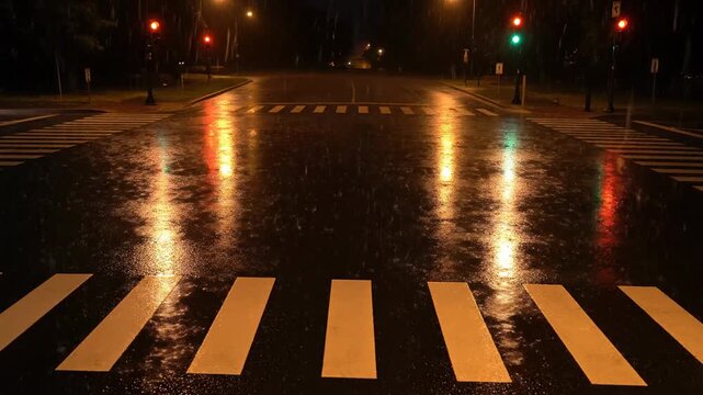 Wet asphalt road with white crosswalk markings and colorful traffic light reflections at night during rain for urban background