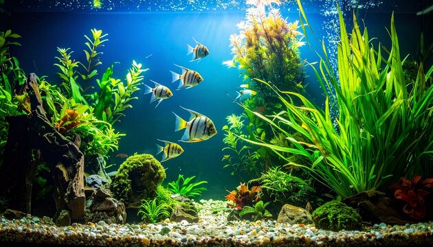Aquarium with fish and green plants