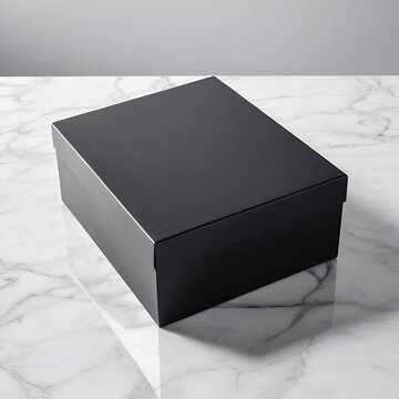premium black gift box mockup on a white marble surface. suitable for high-end luxury goods, designer watch packaging, or sophisticated corporate identity presentations.