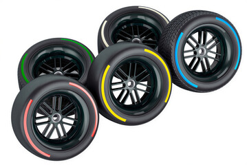 Obraz premium car wheel and tires. Racing wheels with different types of tire compounds. Soft, hard, medium, intermediate, and wet racing tires. template strategy team principal