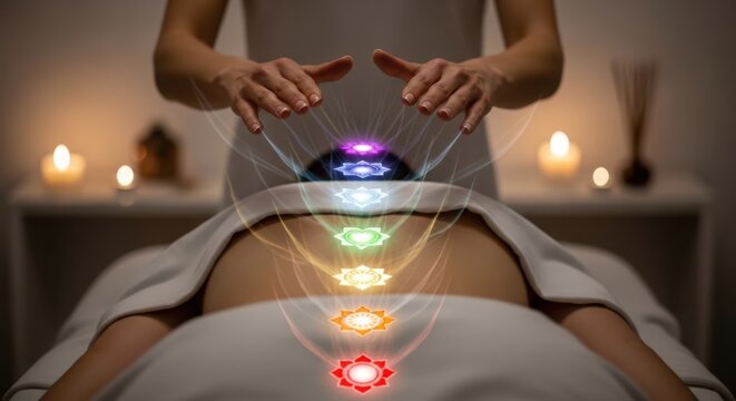 Energy healer performing reiki on patient with colorful chakra lights