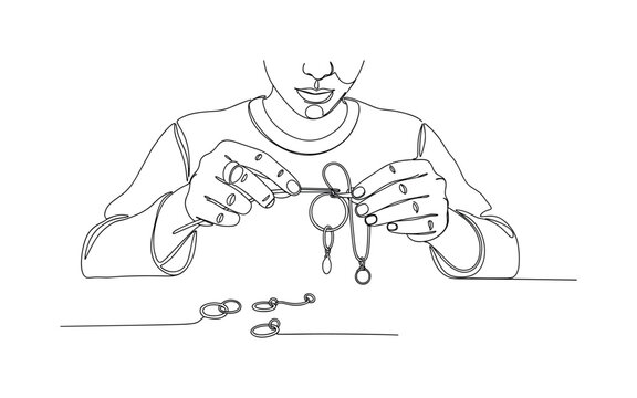 Wire Jewelry Design. Minimalistic one-line drawing person bending wire to form rings or pendants, continuous single black line on white background, simple