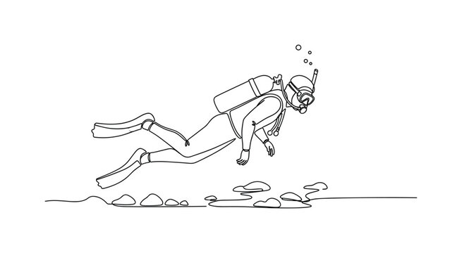 Ocean Floor Survey. Minimalistic one-line drawing scuba diver examining sea floor, continuous single black line on white background, simple outline style, no