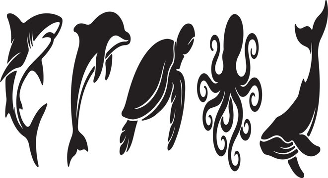 Black silhouettes of sea creatures on white background