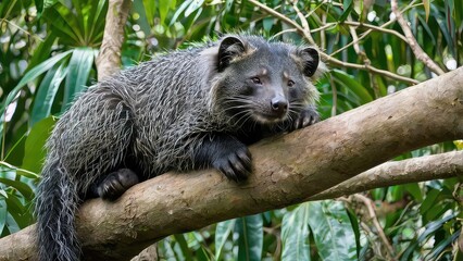 Fototapeta premium Binturong resting on tree limb, thick fur, tropical forest setting