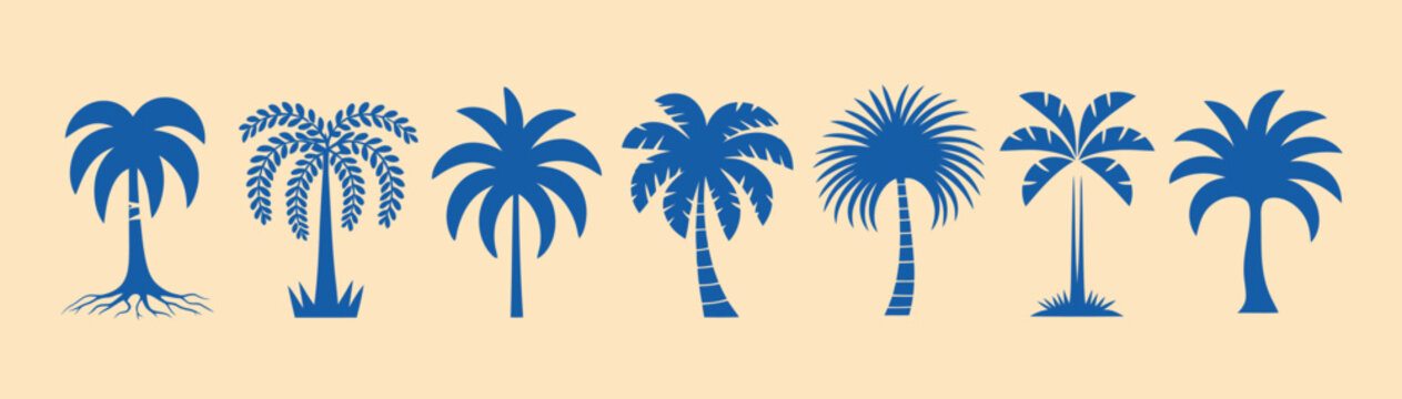 Vector graphic with a set of stylized palm trees presented in a minimal and cohesive vector style, ideal for tropical themes, seaside branding, holiday materials,
