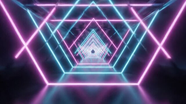 A futuristic tunnel with glowing geometric shapes in pink and blue neon lights creates a sense of depth and movement