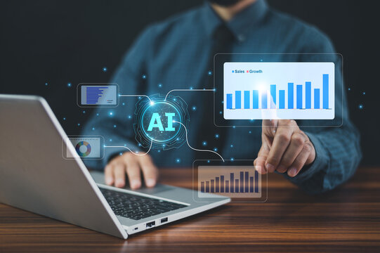 Businessman employing artificial intelligence (AI) for business data analytics using charts, dashboards, and KPIs to improve organizational performance and strategic planning