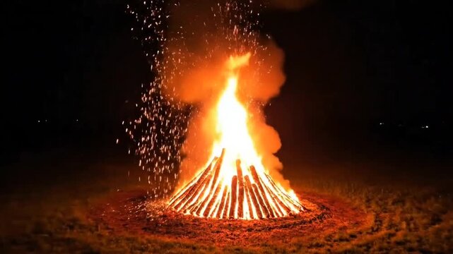 Midsummer Festival Bonfire with Glowing Sparks at Night