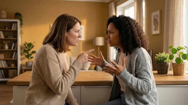 Two women arguing intensely in a home setting, showing conflict and disagreement
