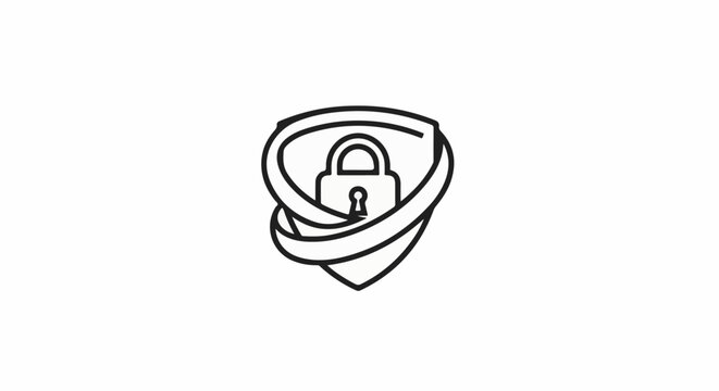 A stylized shield with a padlock secured by a ribbon