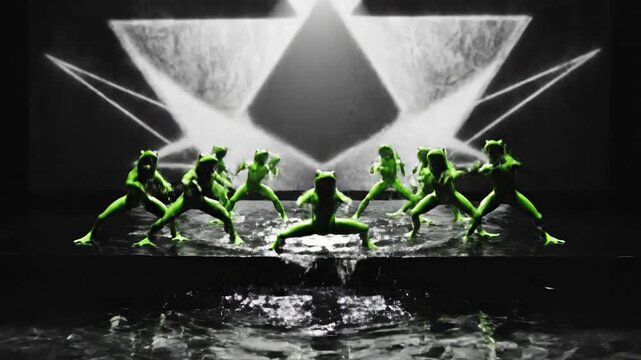 Green frog leaping in front of a group with a stage lighting effect