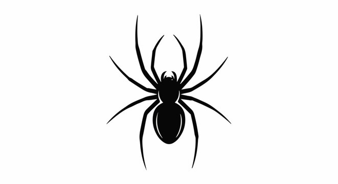 A stark black silhouette of a spider with eight legs spread wide against a white background