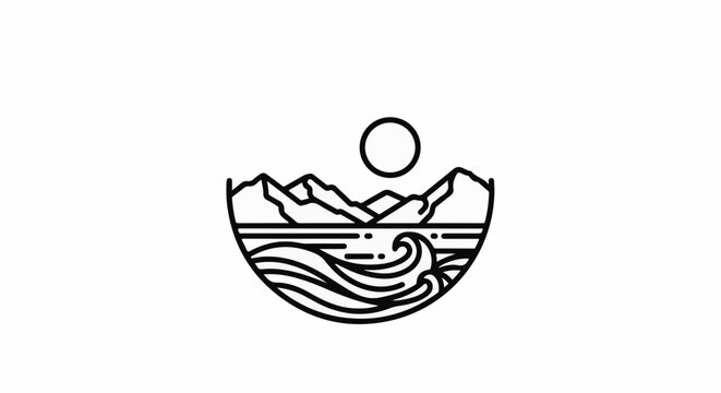 Stylized minimalist depiction of mountains, water, and sun in a semicircle