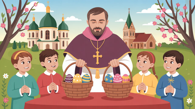 Easter celebration with priest and children colorful eggs in baskets church background