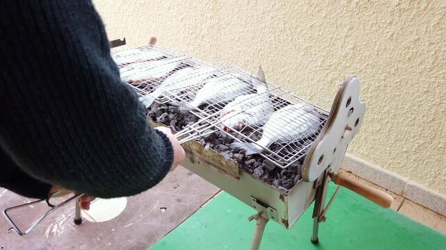 Close-up footage of multiple fish cooking on a BBQ grill over charcoal heat. Shows continuous grilling process with rich textures, smoke, and natural outdoor atmosphere.