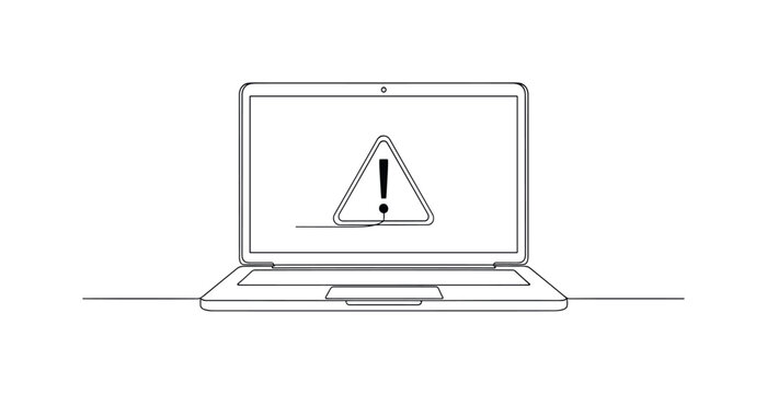 Technical Error Screen. Minimalistic one-line drawing laptop displaying error message with exclamation mark, continuous single black line on white background,