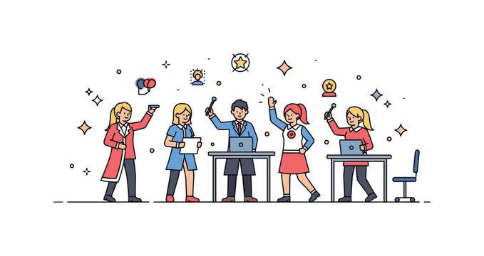 Group cosplay stage performance scene where cosplayers act out a scene together while small sparkle and star icons highlight energy, collaboration, and