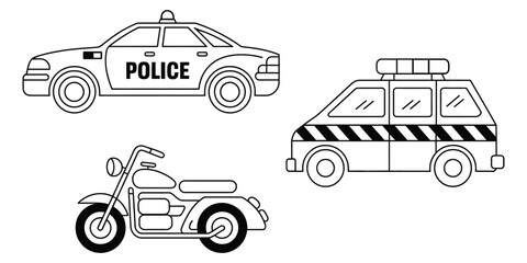 Police transport vehicles icon set including a police car, motorcycle, and van for law enforcement and emergency response services, hand drawn vector illustration in black and white, minimalist design © MDSAIDUR