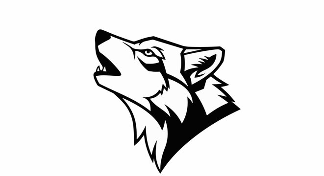 Stylized black and white wolf head howling upwards, sharp features