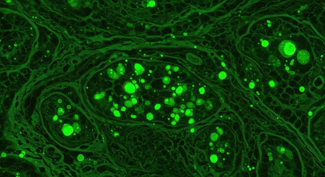 Detailed fluorescent microscopy captures intricate biological structures glowing vibrant green, revealing complex cellular organization and networks