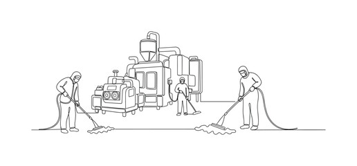 Obraz premium Sanitizing Industrial Space. Minimalistic one-line drawing workers cleaning machinery and floor area, continuous single black line on white background, simple